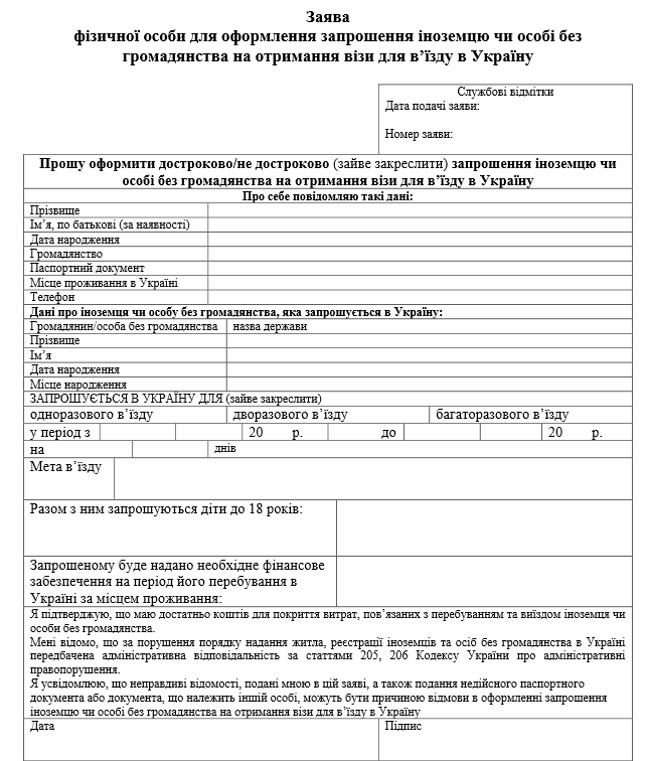 Бланк заявления для приглашения в Украину